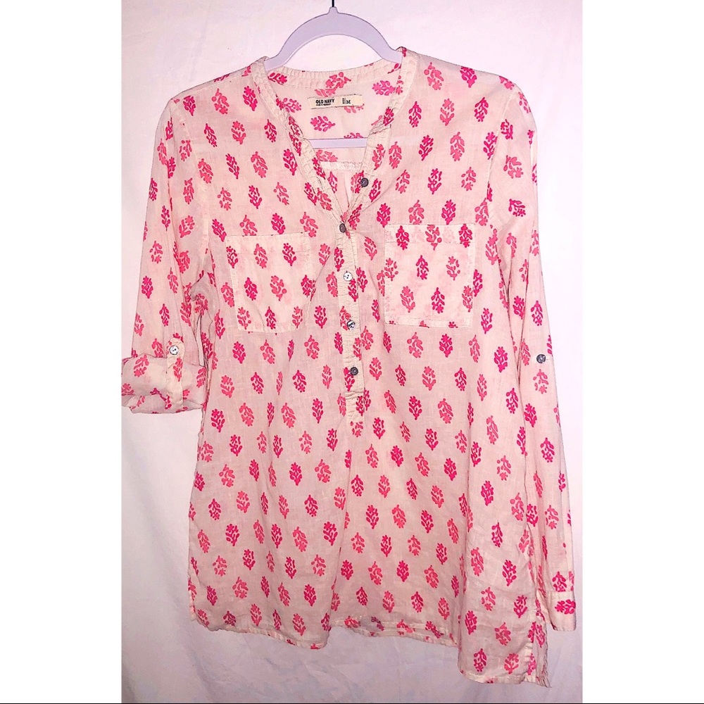 pink white linen cotton pullover button pocket